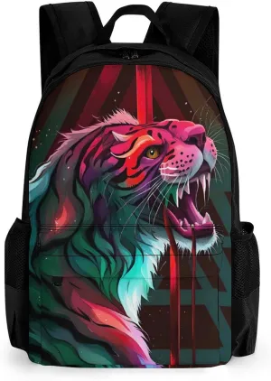 Women Men Polyester Angry Tiger Rainbow Animal Magic Art Casual Daypack Large Capacity Bookbag With Side Pockets for Sports Picnic Walking Cycling