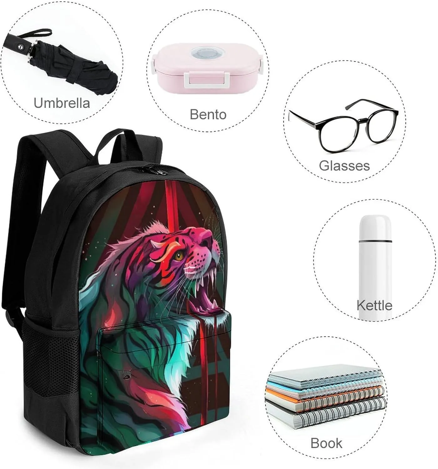 Women Men Polyester Angry Tiger Rainbow Animal Magic Art Casual Daypack Large Capacity Bookbag With Side Pockets for Sports Picnic Walking Cycling