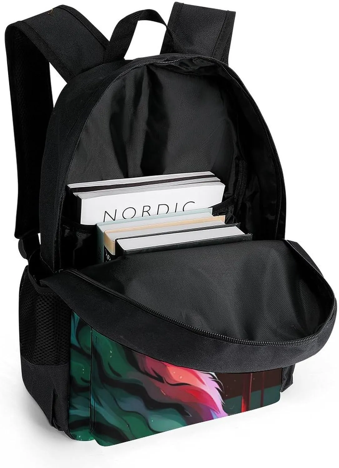 Women Men Polyester Angry Tiger Rainbow Animal Magic Art Casual Daypack Large Capacity Bookbag With Side Pockets for Sports Picnic Walking Cycling