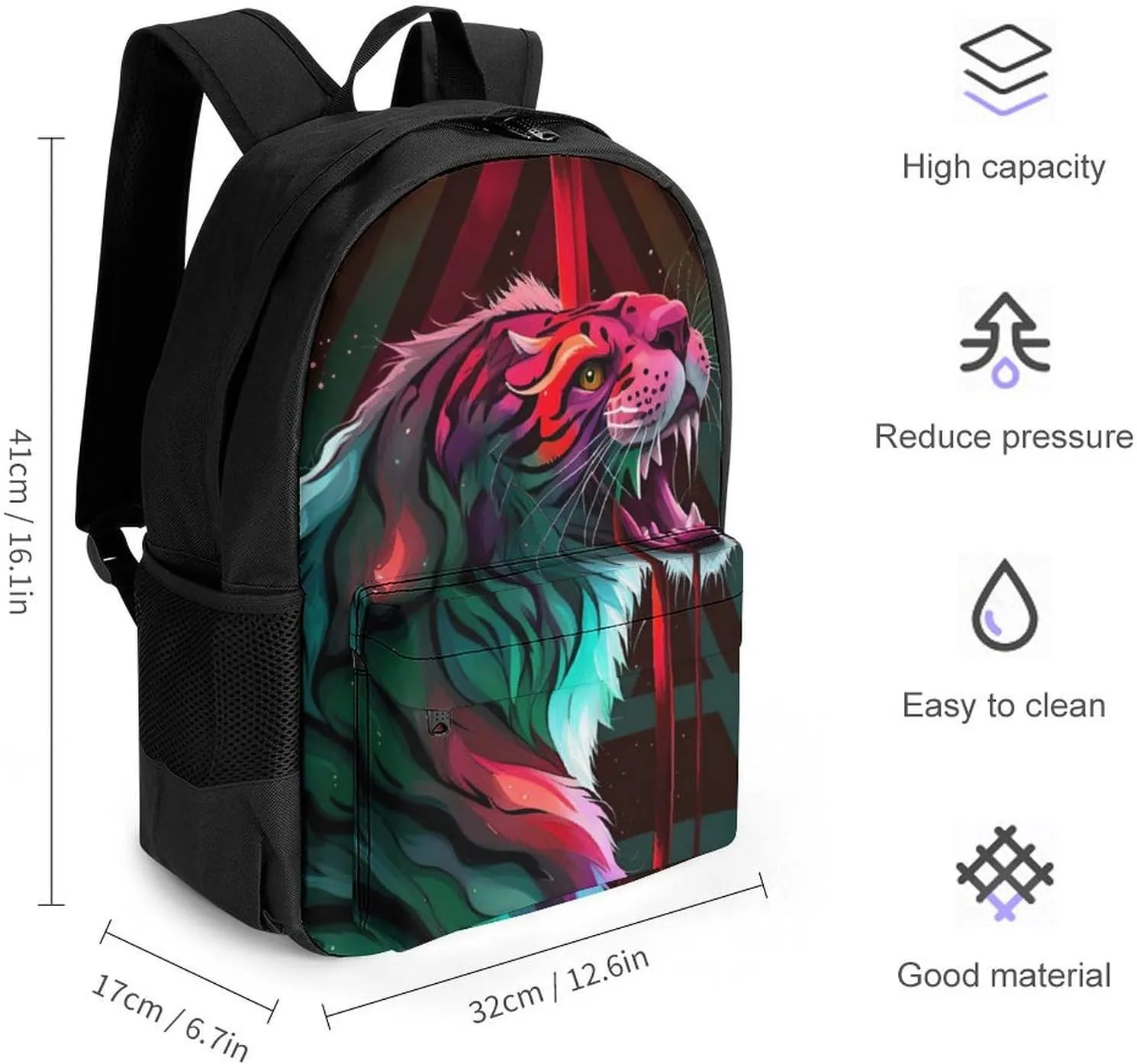 Women Men Polyester Angry Tiger Rainbow Animal Magic Art Casual Daypack Large Capacity Bookbag With Side Pockets for Sports Picnic Walking Cycling