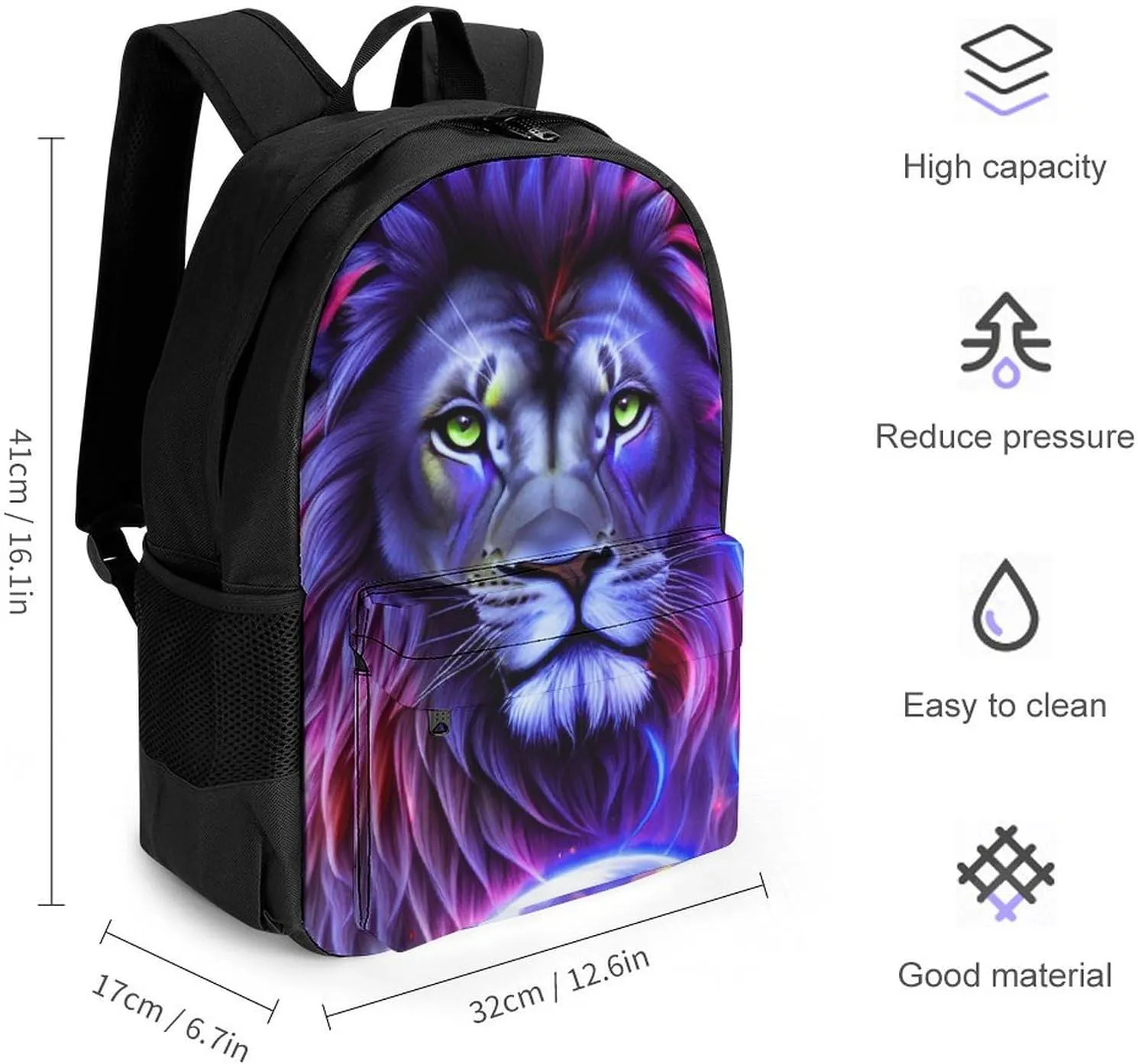 Women Men Polyester Cool Lion In The Universe Surreal Style Art Casual Daypack Large Capacity Bookbag With Side Pockets for Sports Picnic Walking Cycling