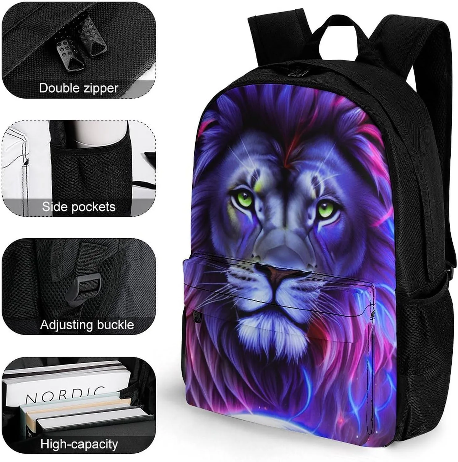 Women Men Polyester Cool Lion In The Universe Surreal Style Art Casual Daypack Large Capacity Bookbag With Side Pockets for Sports Picnic Walking Cycling