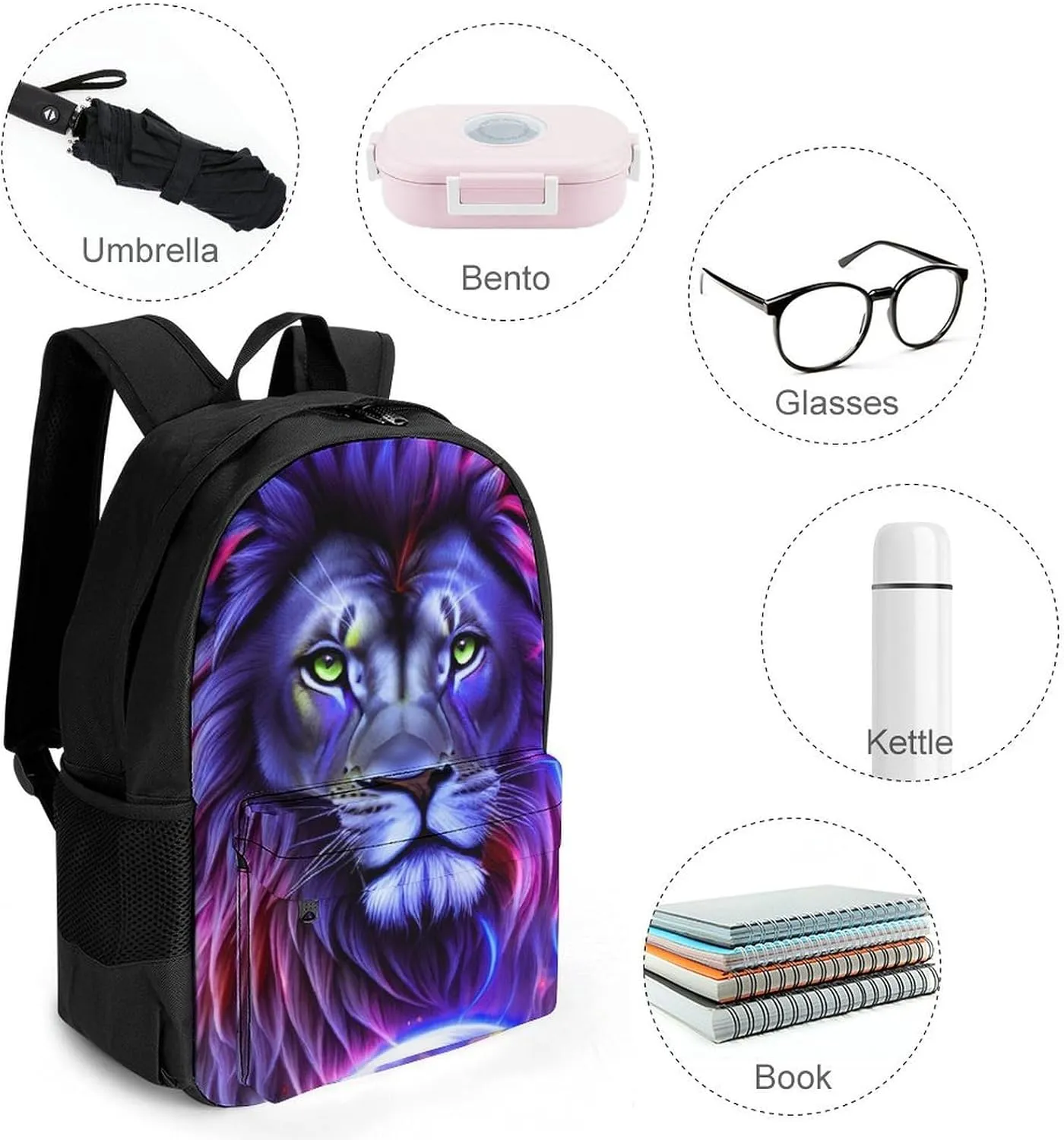 Women Men Polyester Cool Lion In The Universe Surreal Style Art Casual Daypack Large Capacity Bookbag With Side Pockets for Sports Picnic Walking Cycling