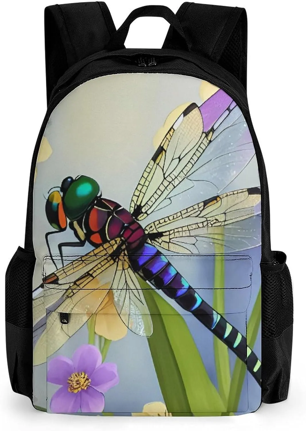 Women Men Polyester Floral Dragonfly Art Casual Daypack Large Capacity Bookbag With Side Pockets for Sports Picnic Walking Cycling