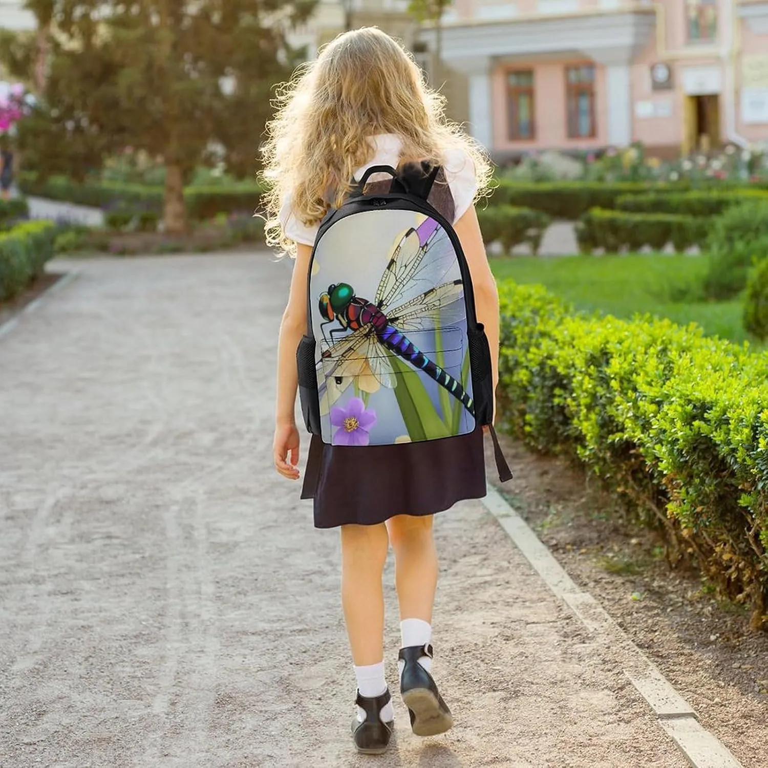 Women Men Polyester Floral Dragonfly Art Casual Daypack Large Capacity Bookbag With Side Pockets for Sports Picnic Walking Cycling