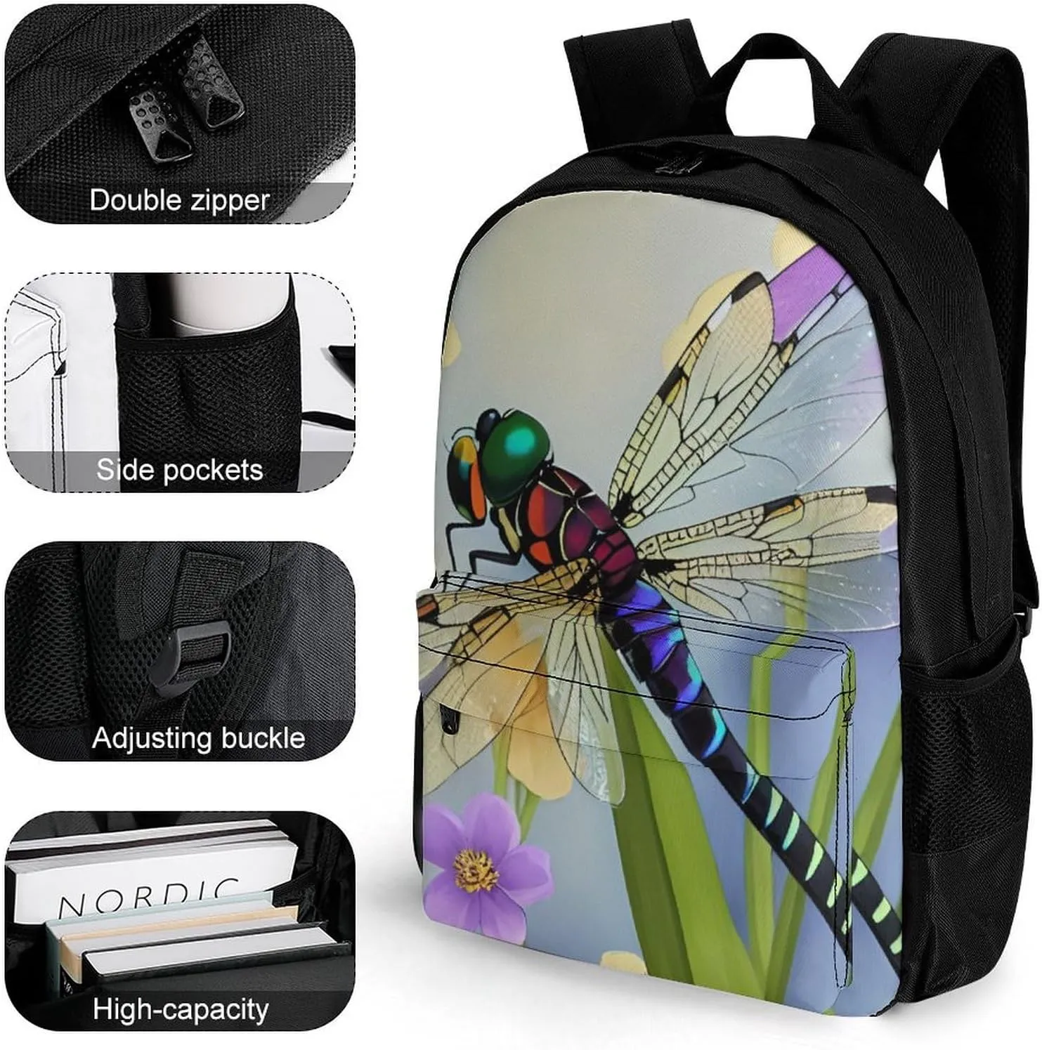 Women Men Polyester Floral Dragonfly Art Casual Daypack Large Capacity Bookbag With Side Pockets for Sports Picnic Walking Cycling