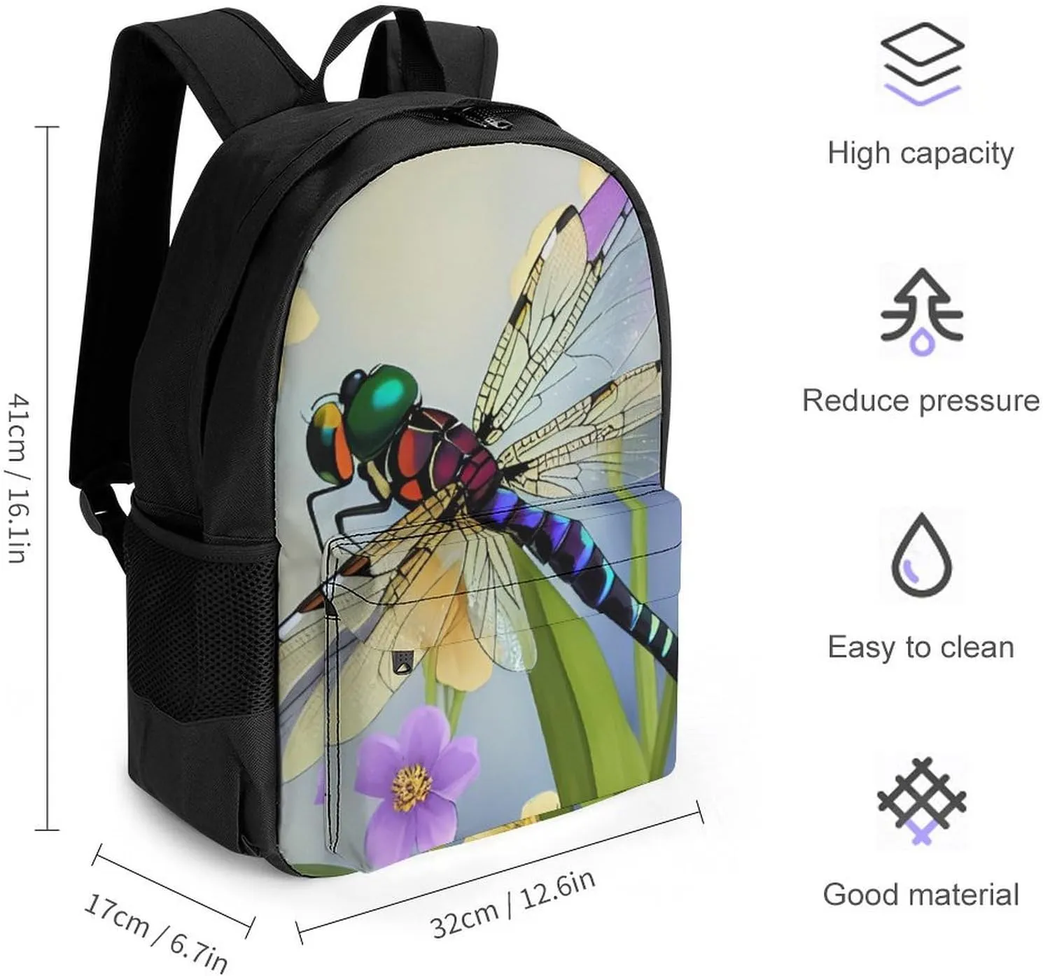 Women Men Polyester Floral Dragonfly Art Casual Daypack Large Capacity Bookbag With Side Pockets for Sports Picnic Walking Cycling