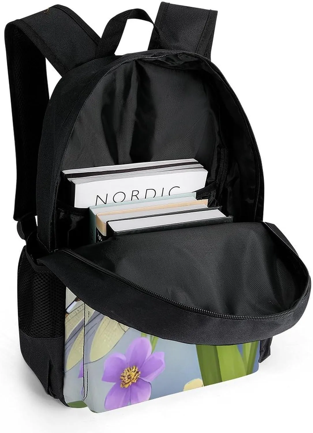 Women Men Polyester Floral Dragonfly Art Casual Daypack Large Capacity Bookbag With Side Pockets for Sports Picnic Walking Cycling