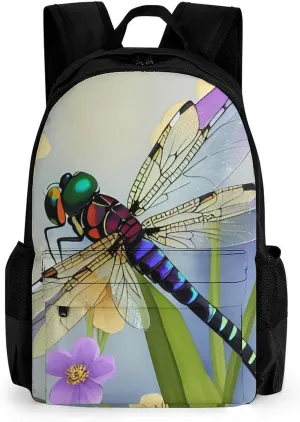 Women Men Polyester Floral Dragonfly Art Casual Daypack Large Capacity Bookbag With Side Pockets for Sports Picnic Walking Cycling