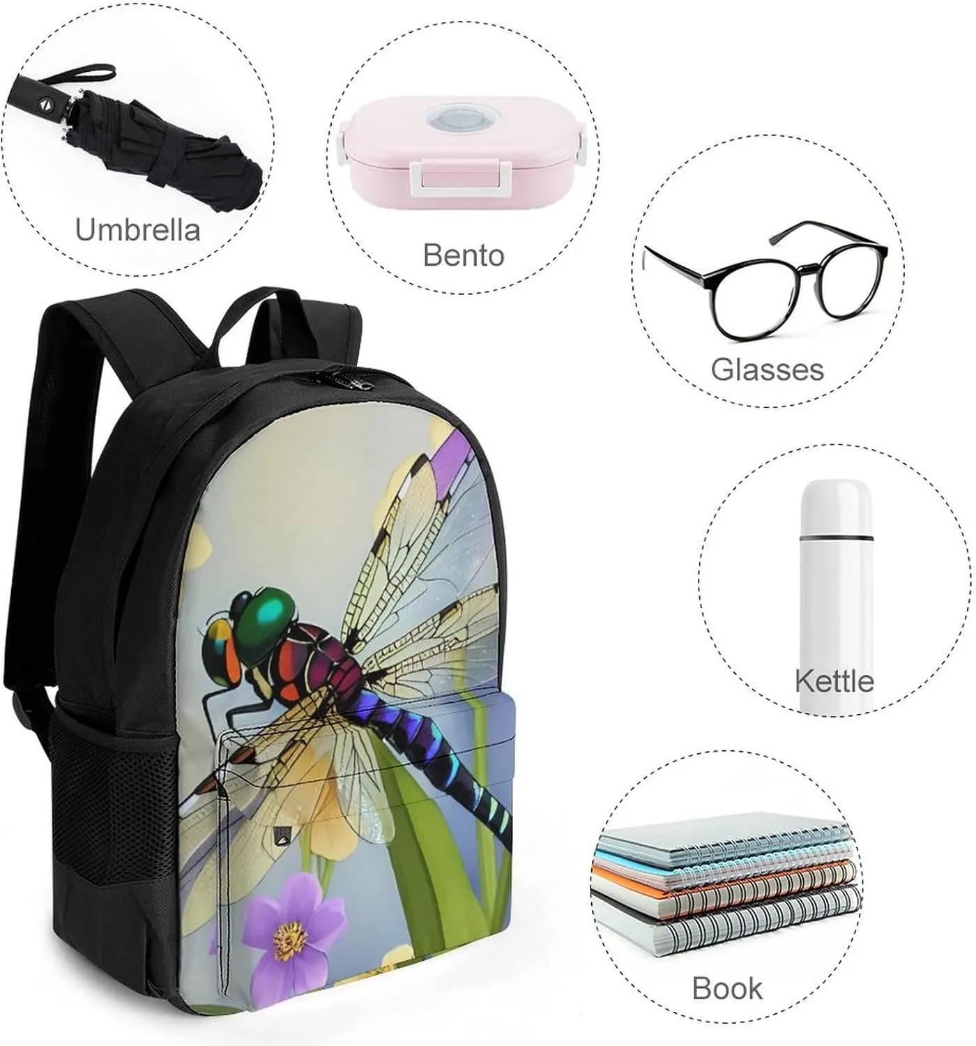 Women Men Polyester Floral Dragonfly Art Casual Daypack Large Capacity Bookbag With Side Pockets for Sports Picnic Walking Cycling