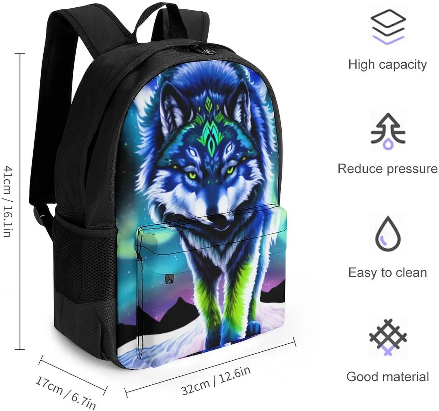 Women Men Polyester Mountain And Northern Light Wolves Psychedelic Art Casual Daypack Large Capacity Bookbag With Side Pockets for Sports Picnic Walking Cycling