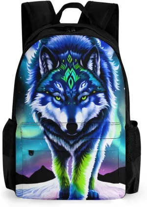 Women Men Polyester Mountain And Northern Light Wolves Psychedelic Art Casual Daypack Large Capacity Bookbag With Side Pockets for Sports Picnic Walking Cycling