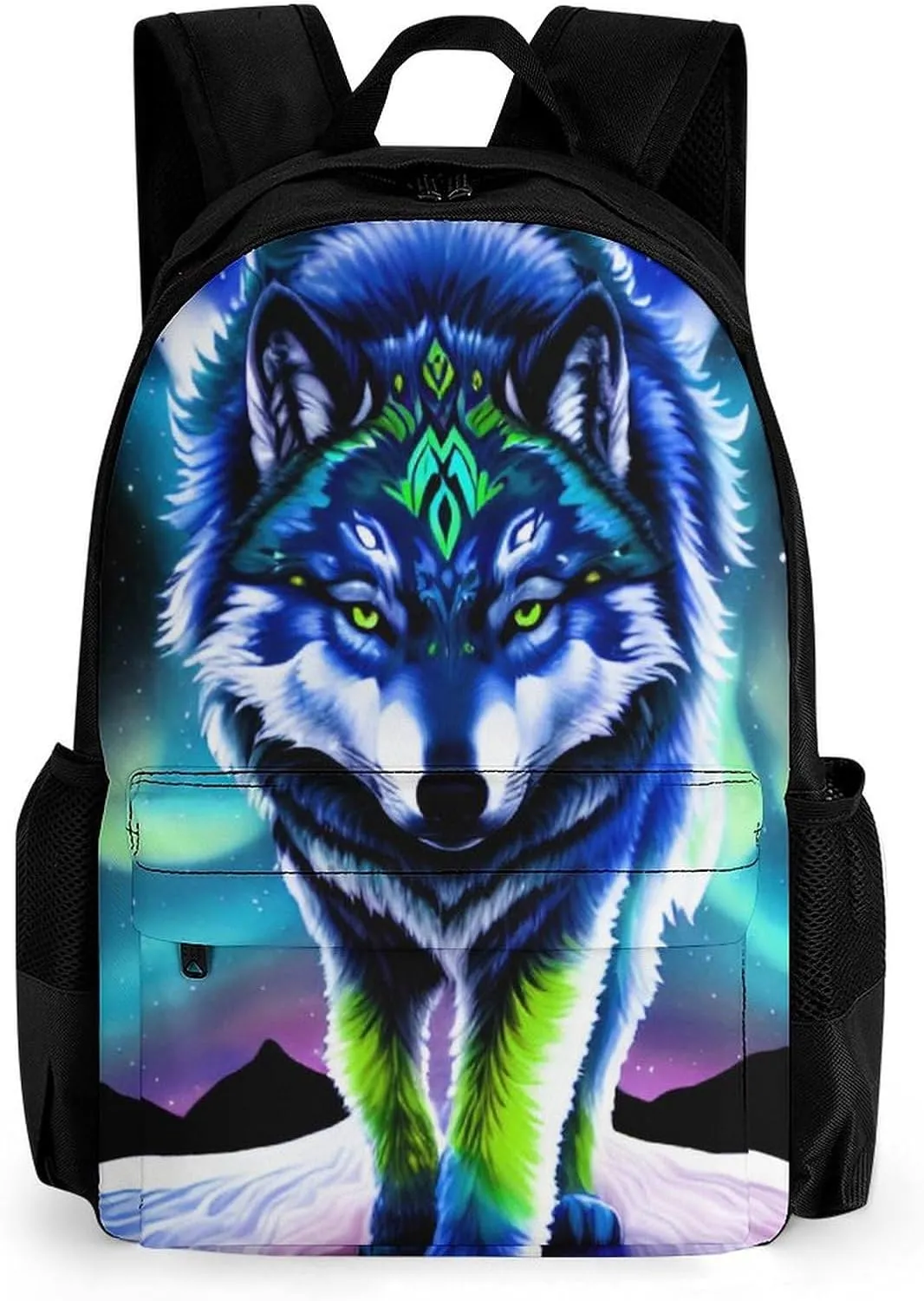 Women Men Polyester Mountain And Northern Light Wolves Psychedelic Art Casual Daypack Large Capacity Bookbag With Side Pockets for Sports Picnic Walking Cycling