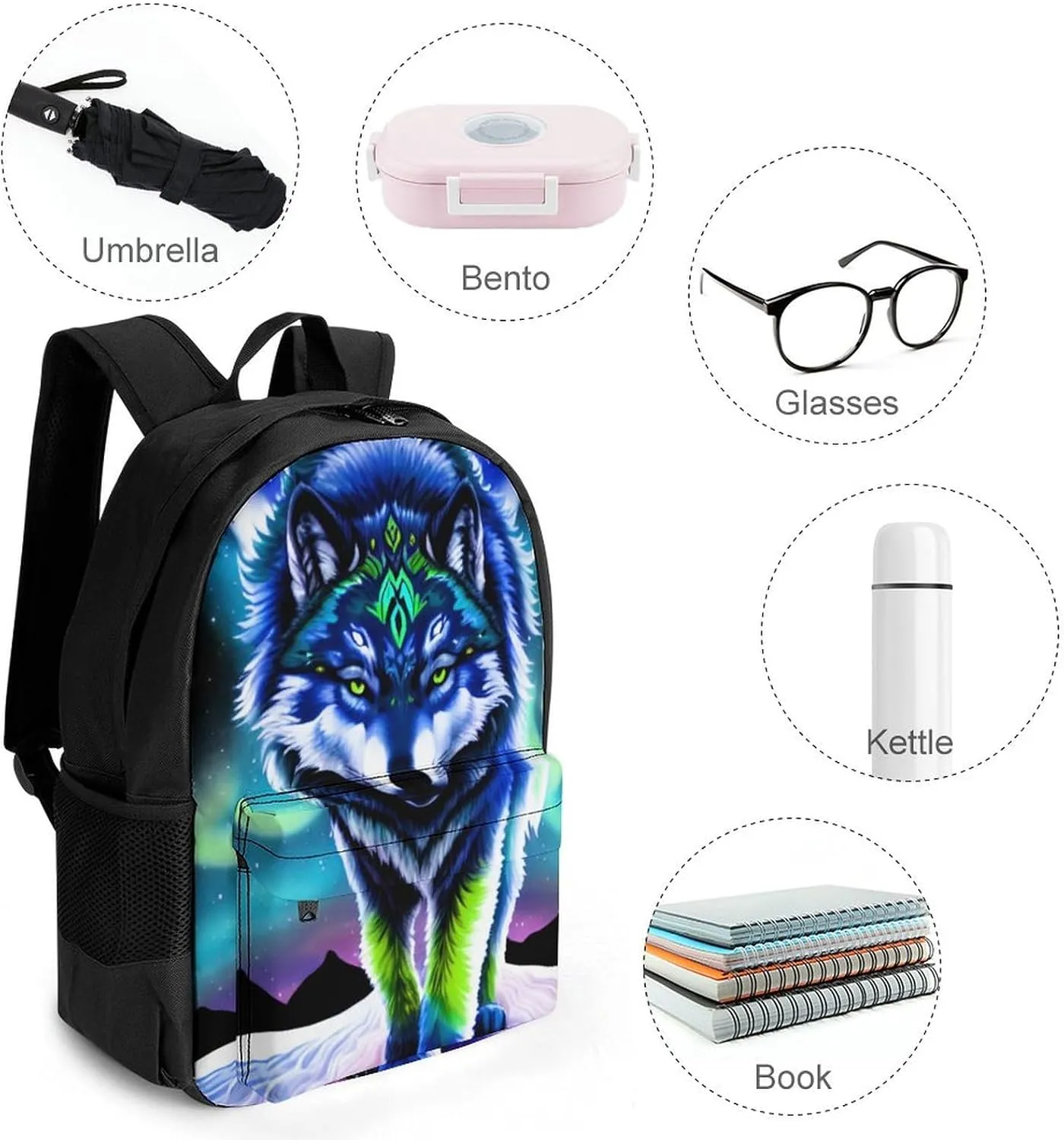 Women Men Polyester Mountain And Northern Light Wolves Psychedelic Art Casual Daypack Large Capacity Bookbag With Side Pockets for Sports Picnic Walking Cycling