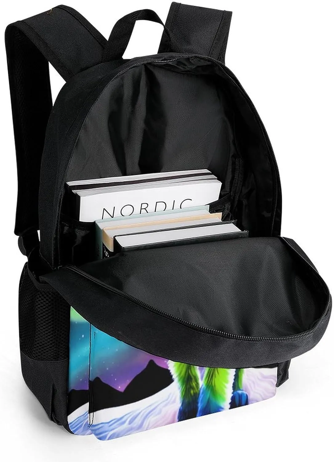 Women Men Polyester Mountain And Northern Light Wolves Psychedelic Art Casual Daypack Large Capacity Bookbag With Side Pockets for Sports Picnic Walking Cycling