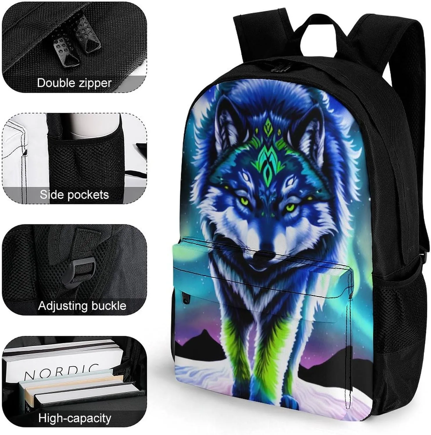 Women Men Polyester Mountain And Northern Light Wolves Psychedelic Art Casual Daypack Large Capacity Bookbag With Side Pockets for Sports Picnic Walking Cycling