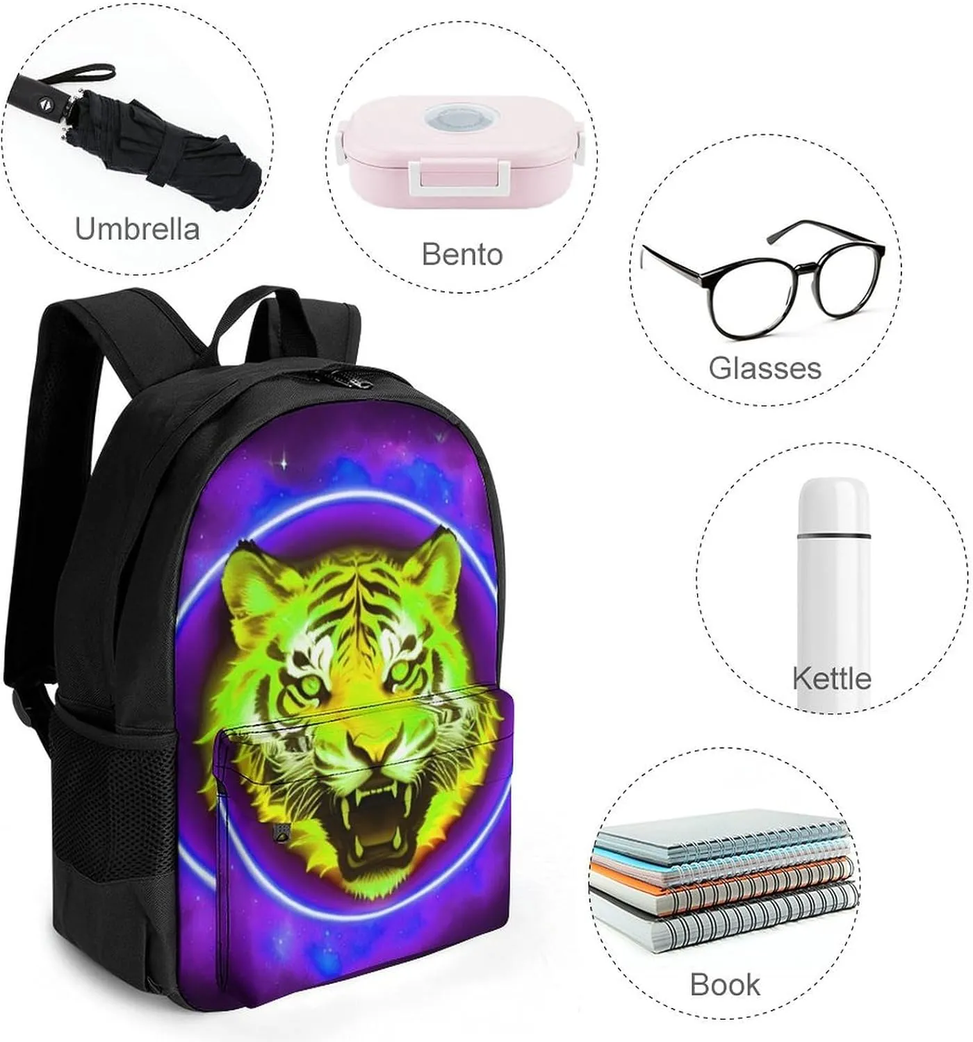 Women Men Polyester Space Tiger Psychedelic Purple Fire Art Casual Daypack Large Capacity Bookbag With Side Pockets for Sports Picnic Walking Cycling