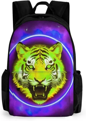 Women Men Polyester Space Tiger Psychedelic Purple Fire Art Casual Daypack Large Capacity Bookbag With Side Pockets for Sports Picnic Walking Cycling