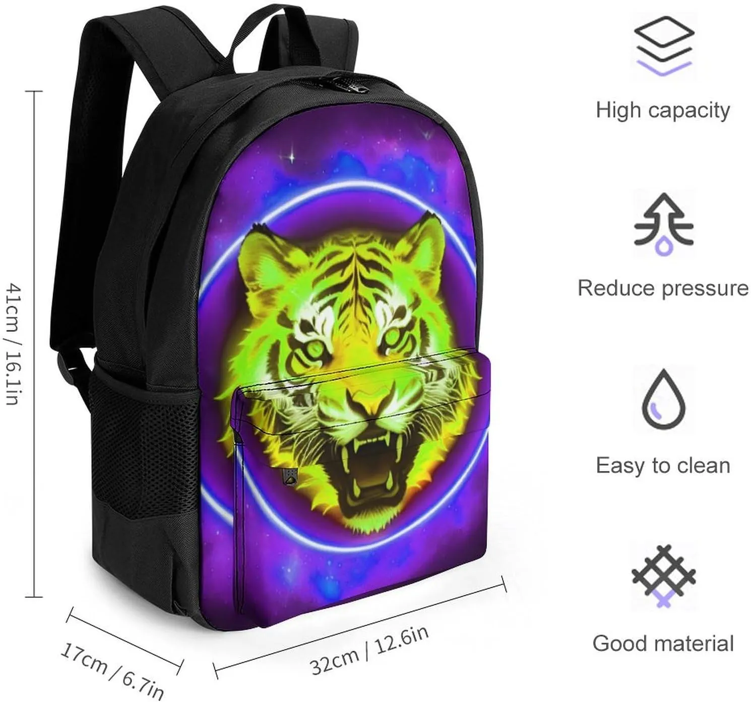 Women Men Polyester Space Tiger Psychedelic Purple Fire Art Casual Daypack Large Capacity Bookbag With Side Pockets for Sports Picnic Walking Cycling