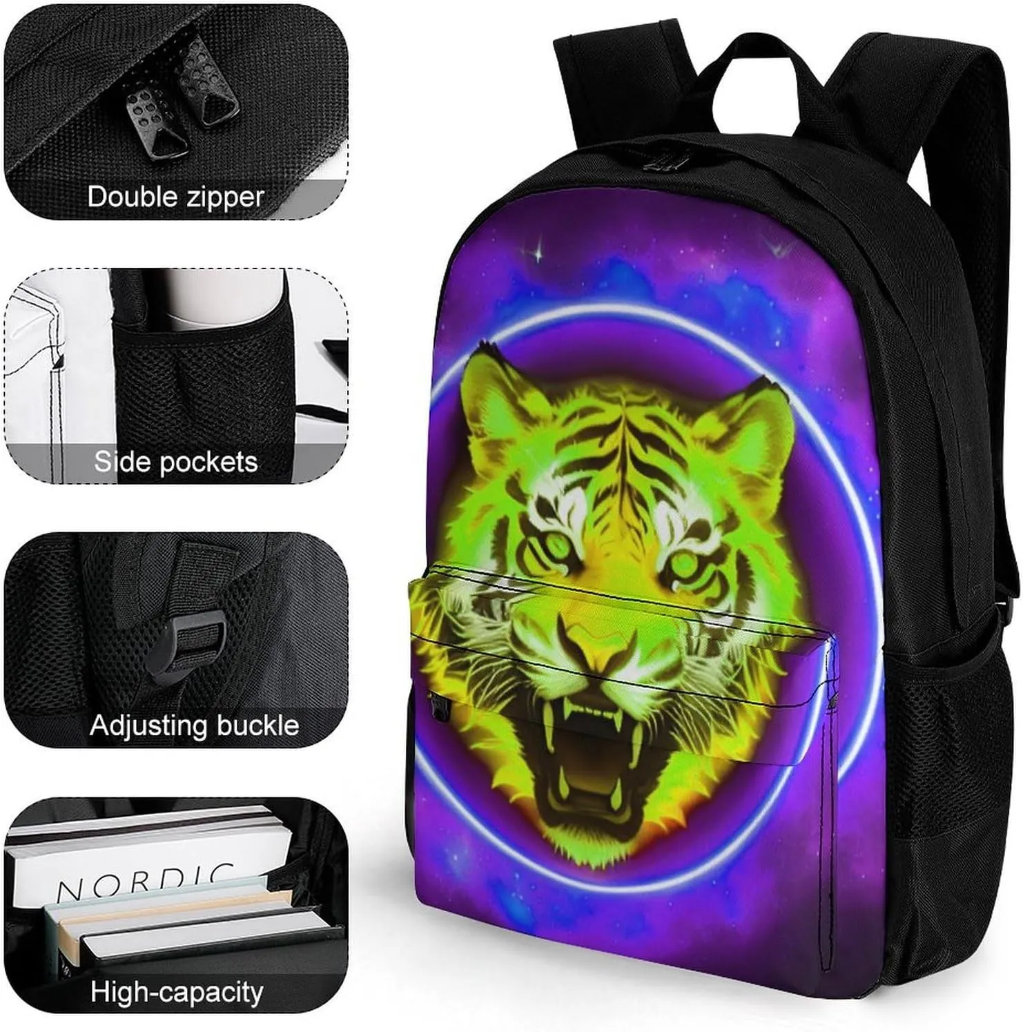 Women Men Polyester Space Tiger Psychedelic Purple Fire Art Casual Daypack Large Capacity Bookbag With Side Pockets for Sports Picnic Walking Cycling