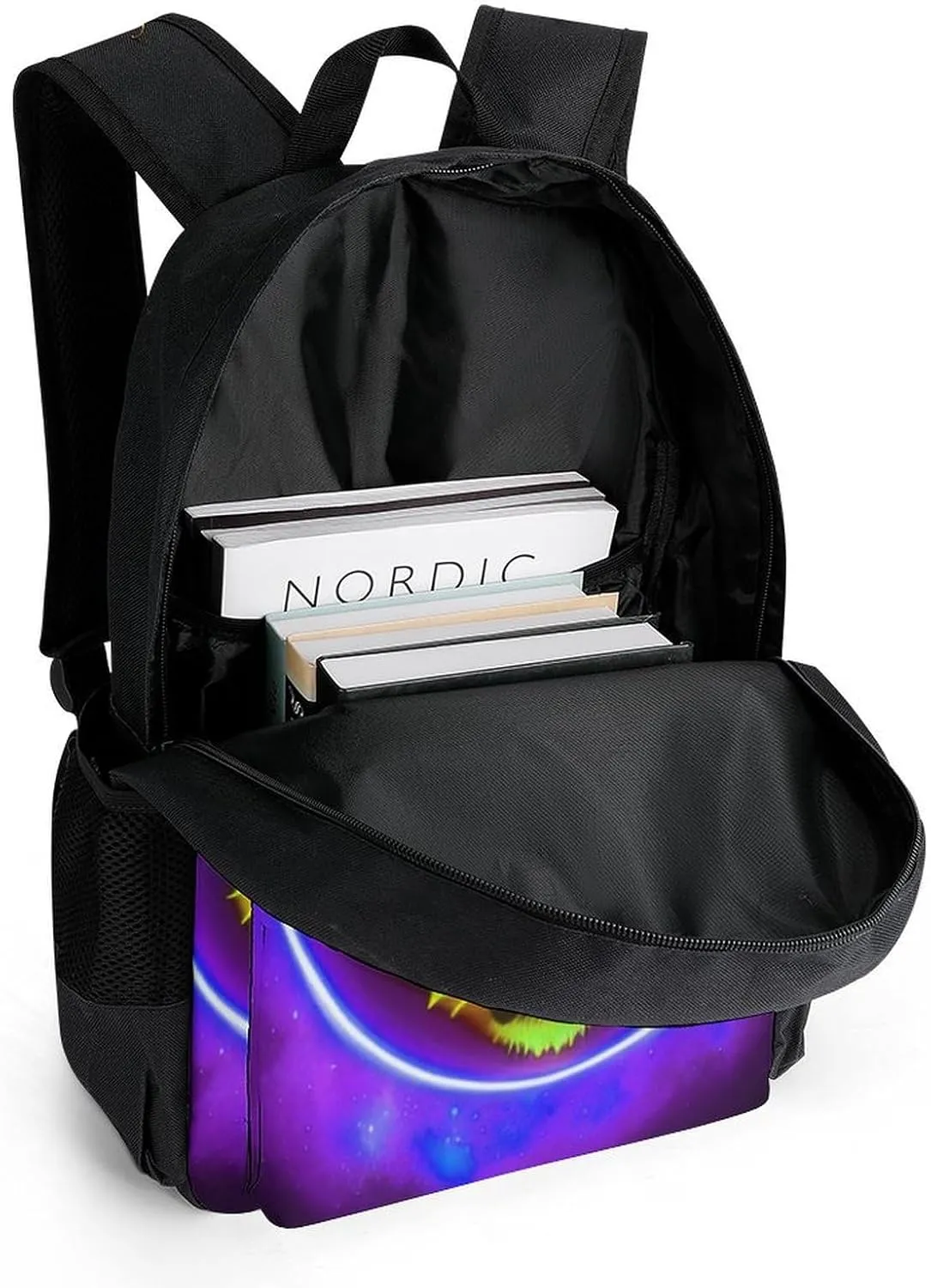 Women Men Polyester Space Tiger Psychedelic Purple Fire Art Casual Daypack Large Capacity Bookbag With Side Pockets for Sports Picnic Walking Cycling