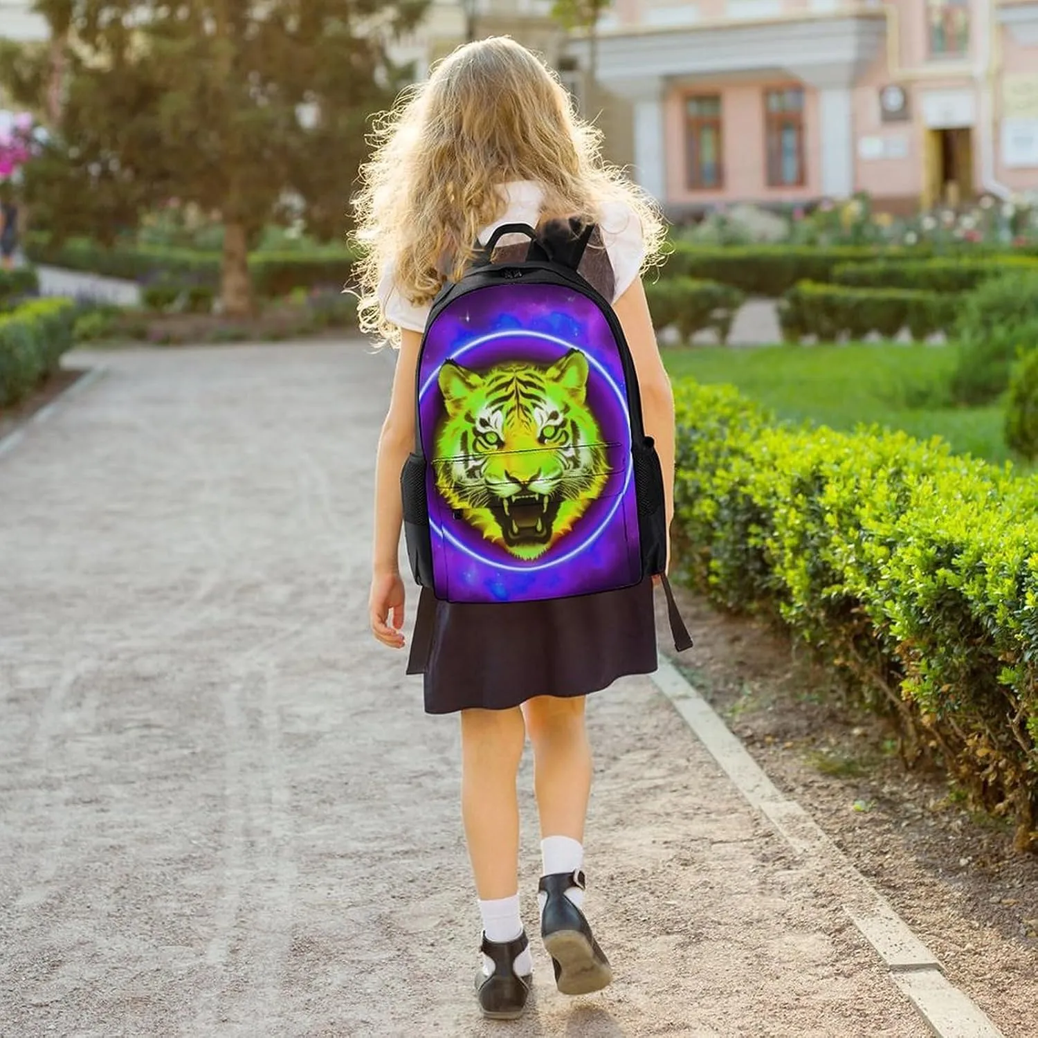 Women Men Polyester Space Tiger Psychedelic Purple Fire Art Casual Daypack Large Capacity Bookbag With Side Pockets for Sports Picnic Walking Cycling
