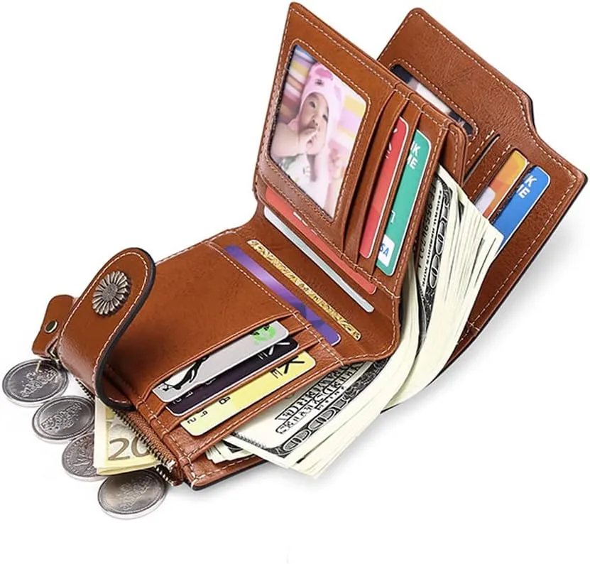 Women Small Bifold Wallets Genuine Leather RFID Blocking Purse with ID Window Zipper Card Holder Organizer Flap Bag