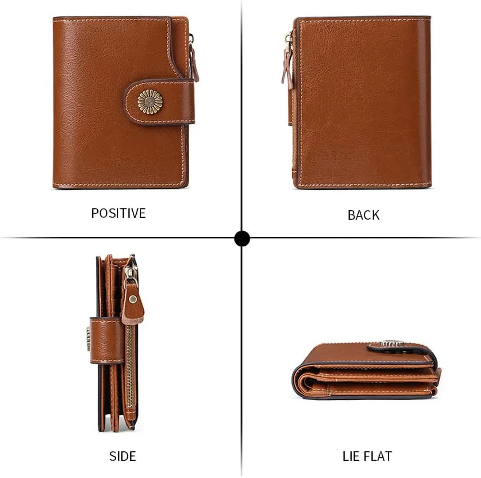 Women Small Bifold Wallets Genuine Leather RFID Blocking Purse with ID Window Zipper Card Holder Organizer Flap Bag