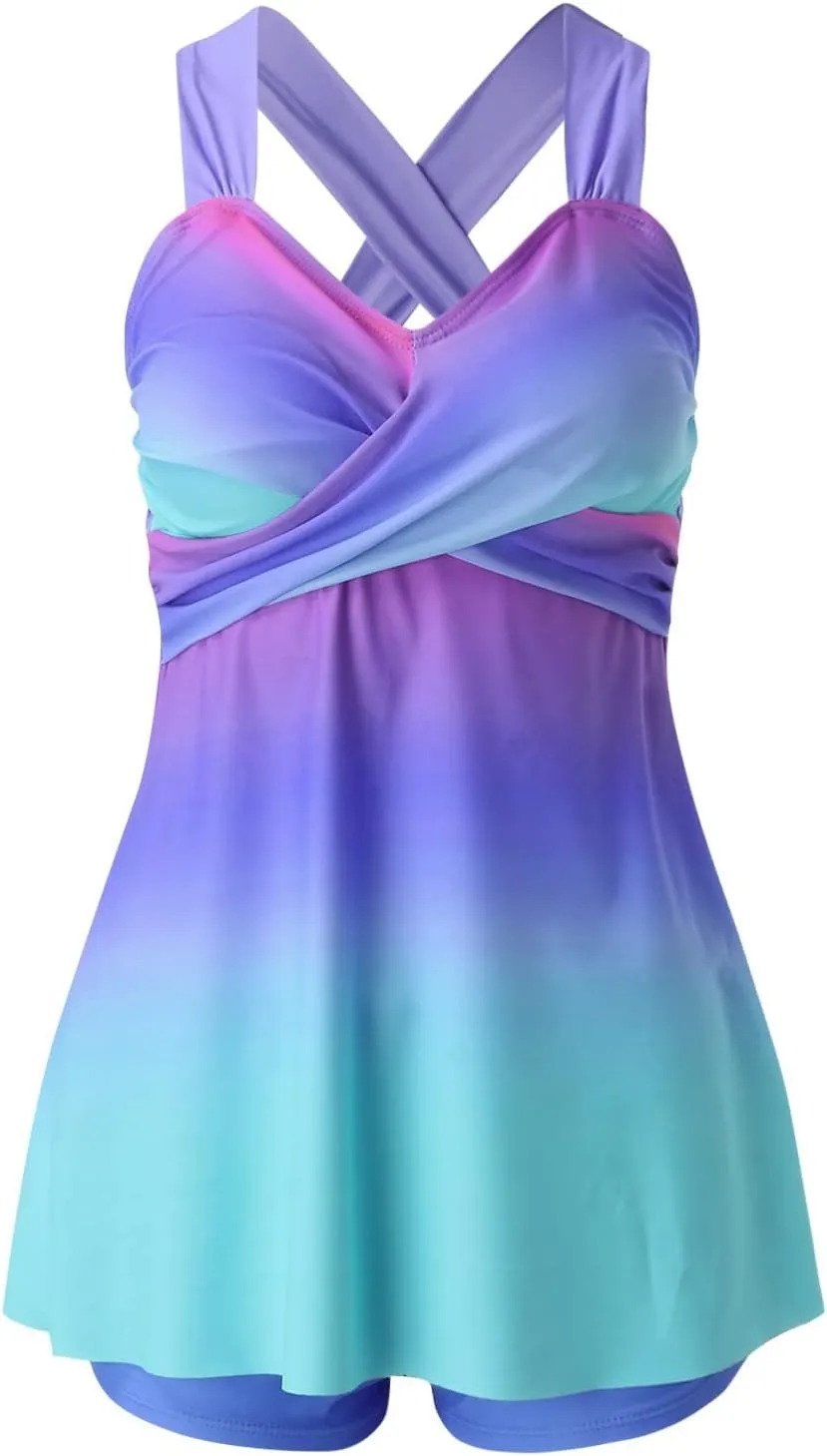 Women's 2 Piece Back Cross Bathing Suits Flowy Swimdress Tank Top with Boyshorts Tankini Sets Tummy Control Swimwear