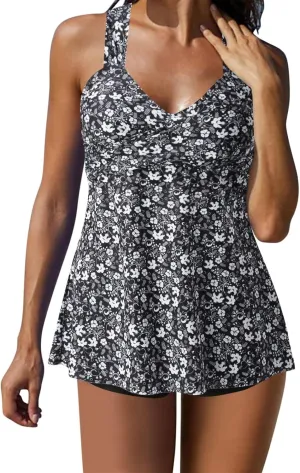 Women's 2 Piece Back Cross Bathing Suits Flowy Swimdress Tank Top with Boyshorts Tankini Sets Tummy Control Swimwear