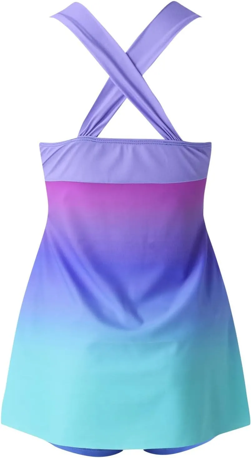 Women's 2 Piece Back Cross Bathing Suits Flowy Swimdress Tank Top with Boyshorts Tankini Sets Tummy Control Swimwear