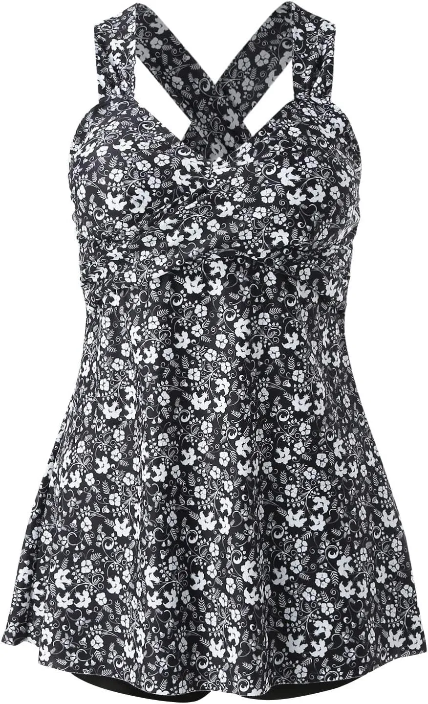 Women's 2 Piece Back Cross Bathing Suits Flowy Swimdress Tank Top with Boyshorts Tankini Sets Tummy Control Swimwear