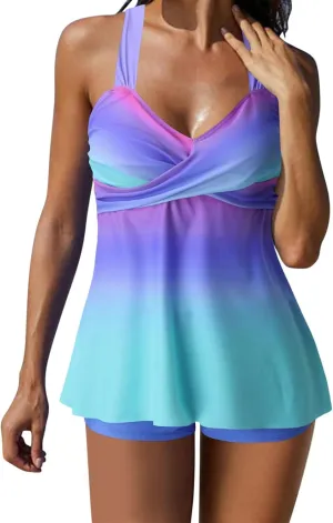 Women's 2 Piece Back Cross Bathing Suits Flowy Swimdress Tank Top with Boyshorts Tankini Sets Tummy Control Swimwear