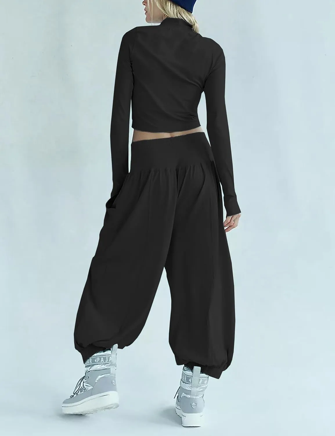 Womens Lounge Sets Long Sleeve Cropped Tops Wide Leg Sweatpants Tracksuit with Pockets Two Pieces Outfits
