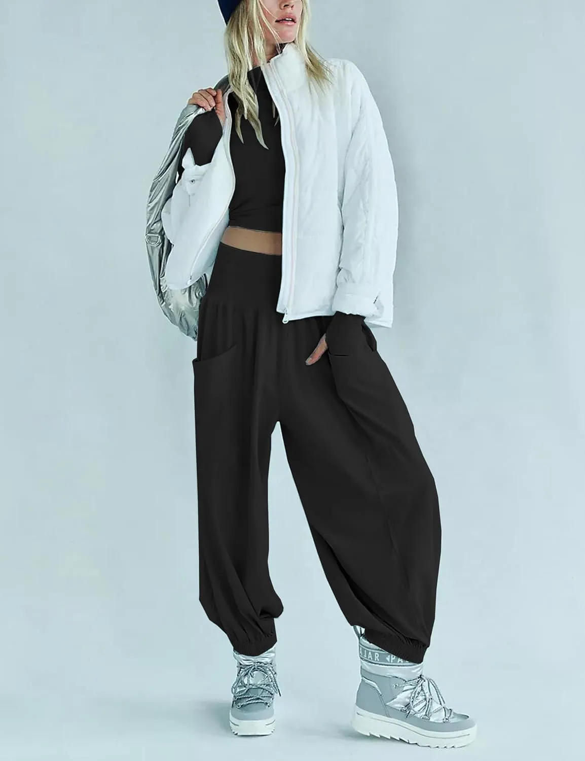 Womens Lounge Sets Long Sleeve Cropped Tops Wide Leg Sweatpants Tracksuit with Pockets Two Pieces Outfits