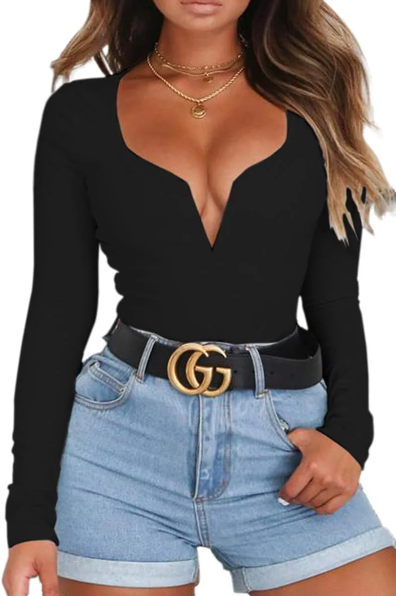 Women's Low Cut Bodysuit Sexy Leotards Deep V Neck Long Sleeve Body Suits Tops