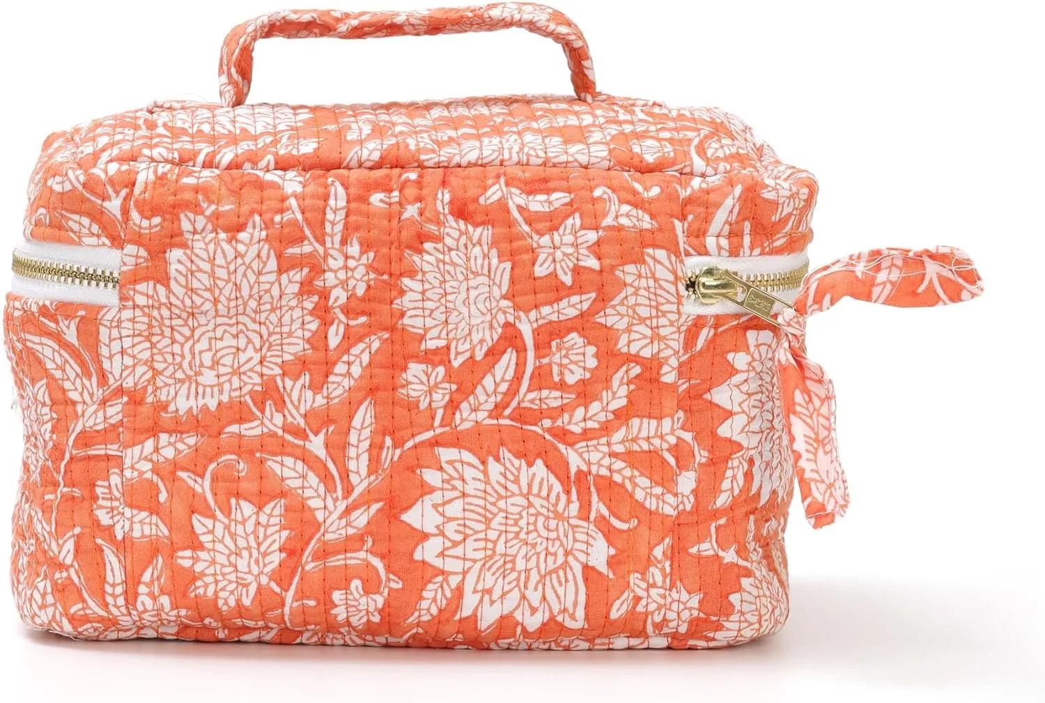 Women’s Quilted Makeup Bag with Handle, Large Capacity Cosmetic Bags, Beauty Essentials & Travel Storage Bag For Womens & Girls (Orange)