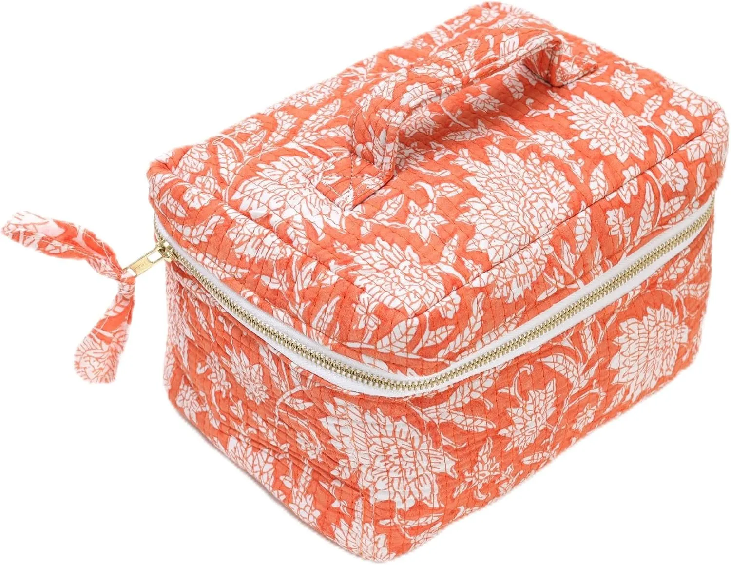 Women’s Quilted Makeup Bag with Handle, Large Capacity Cosmetic Bags, Beauty Essentials & Travel Storage Bag For Womens & Girls (Orange)