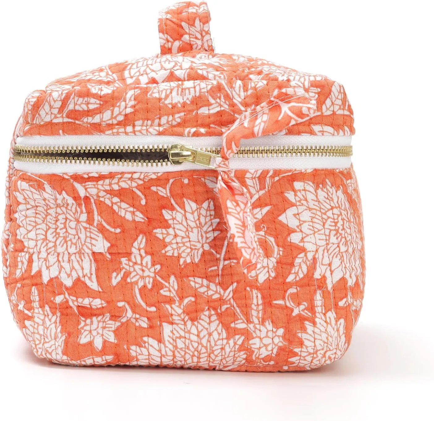 Women’s Quilted Makeup Bag with Handle, Large Capacity Cosmetic Bags, Beauty Essentials & Travel Storage Bag For Womens & Girls (Orange)
