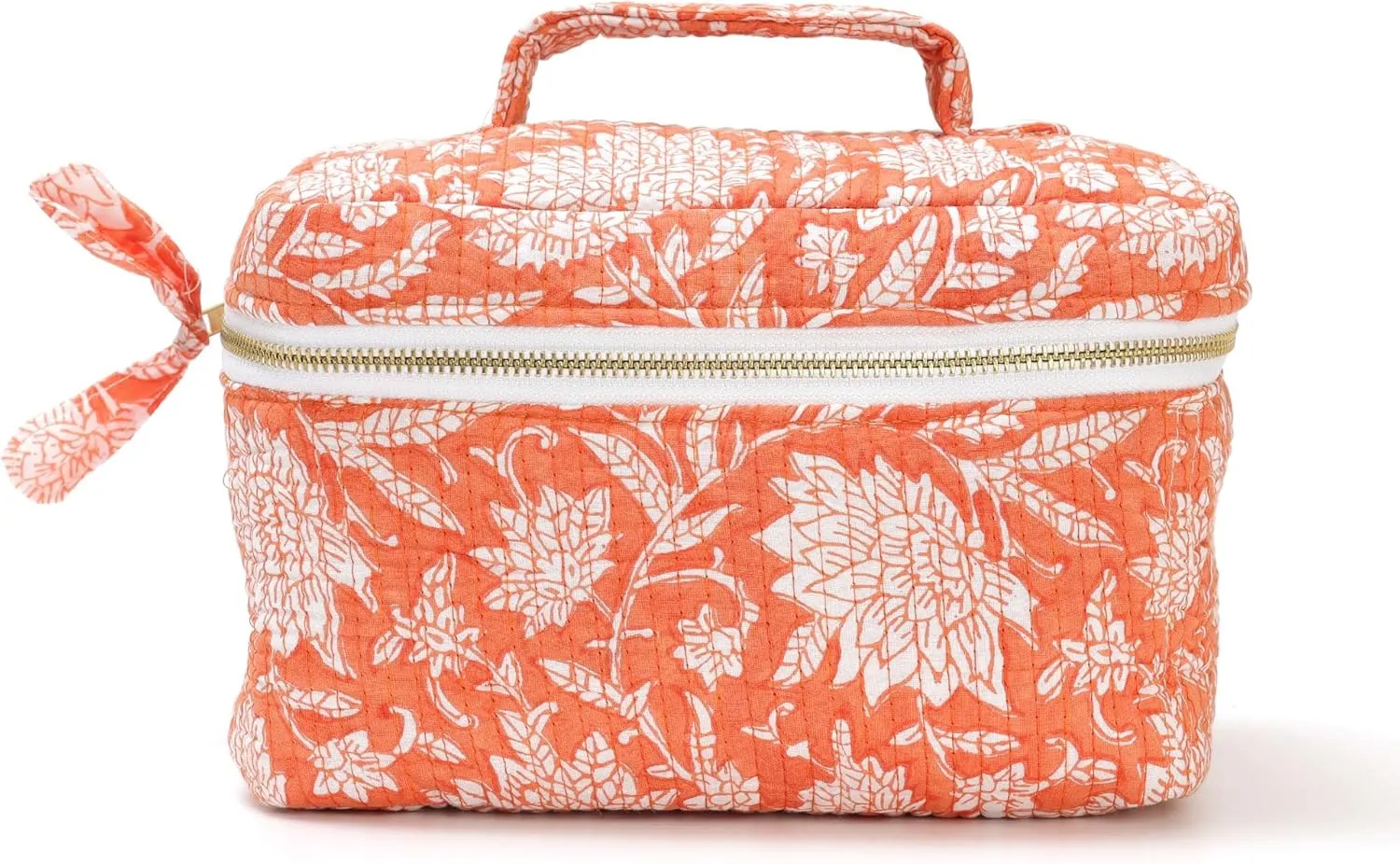 Women’s Quilted Makeup Bag with Handle, Large Capacity Cosmetic Bags, Beauty Essentials & Travel Storage Bag For Womens & Girls (Orange)
