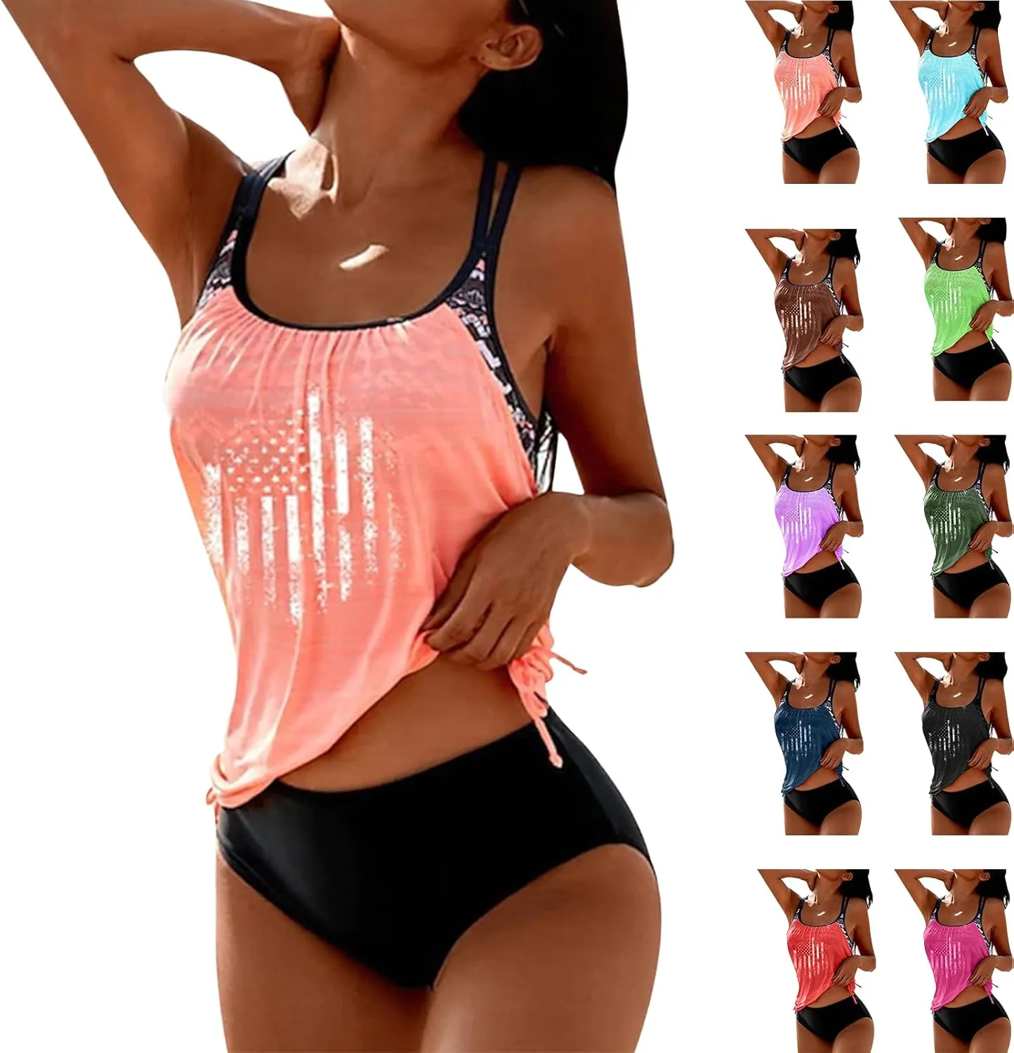 Womens Tankini Bathing Suits T-Back Top with Shorts Two Piece Tankini Swimsuit Summer Ruched Padded Modest Swimsuits