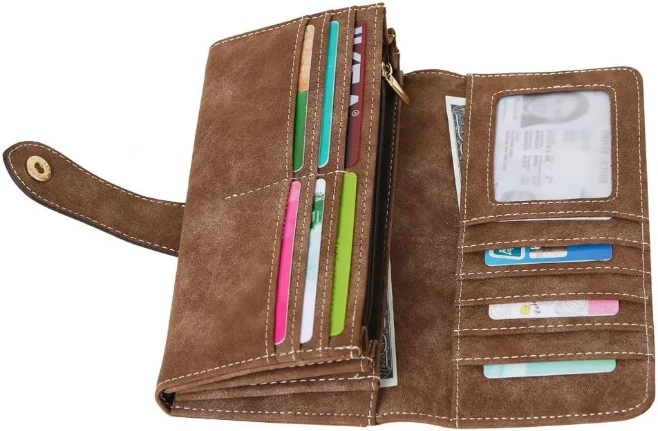 Women's Vegan Leather 17 Card Slots Card Holder Long Big Bifold Wallet