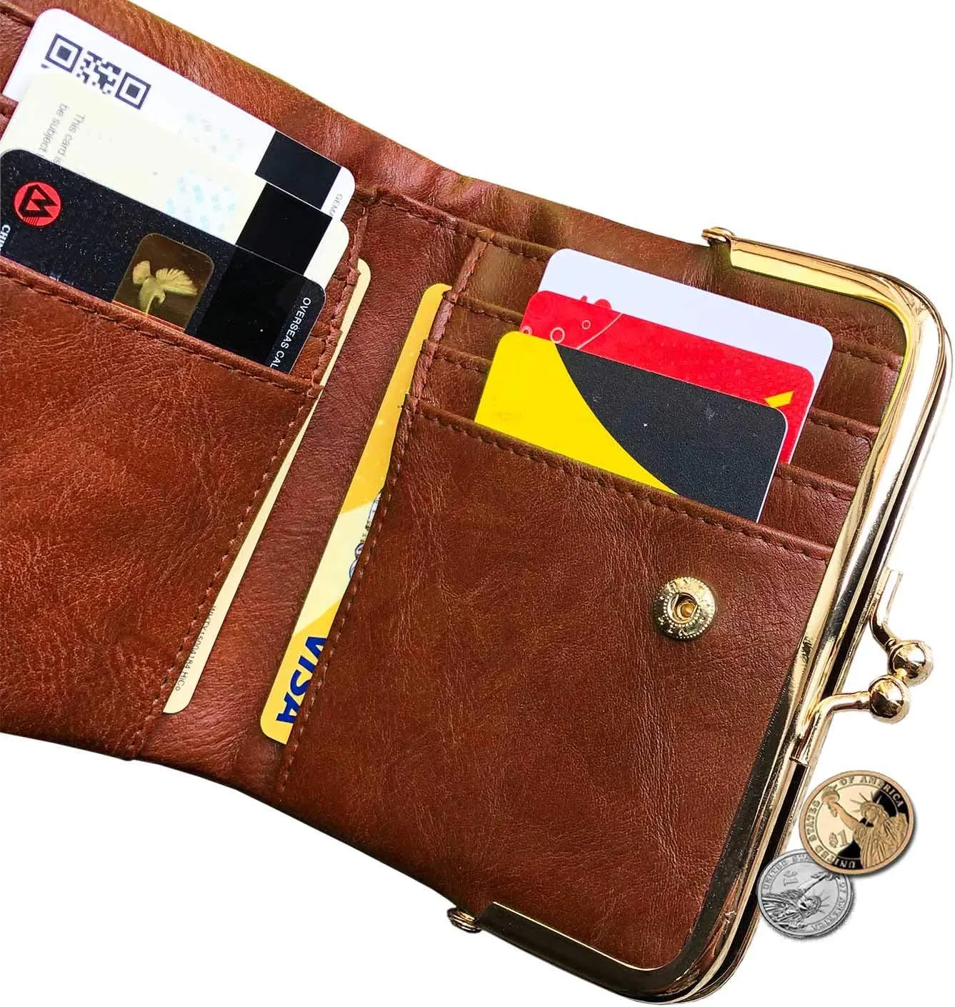 Womens Wallet Small Bifold Rfid Ladies Mini Vintage Coin Purse With Zipper and Kiss Lock (Brown)
