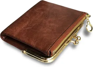 Womens Wallet Small Bifold Rfid Ladies Mini Vintage Coin Purse With Zipper and Kiss Lock (Brown)