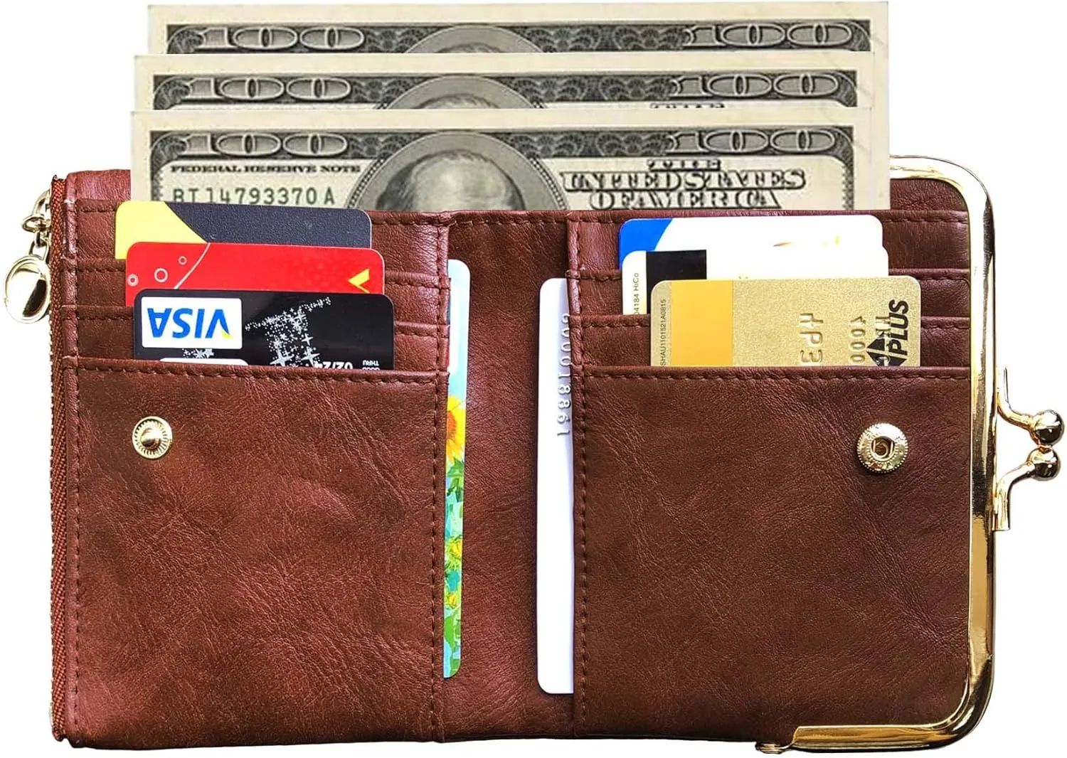 Womens Wallet Small Bifold Rfid Ladies Mini Vintage Coin Purse With Zipper and Kiss Lock (Brown)