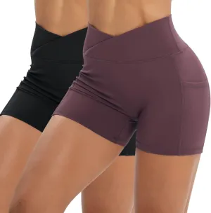 Workout Shorts for Women 2 Pcs Pack Cross Waist Active Gym Spandex Stretchy Yoga Compression with Side Pockets