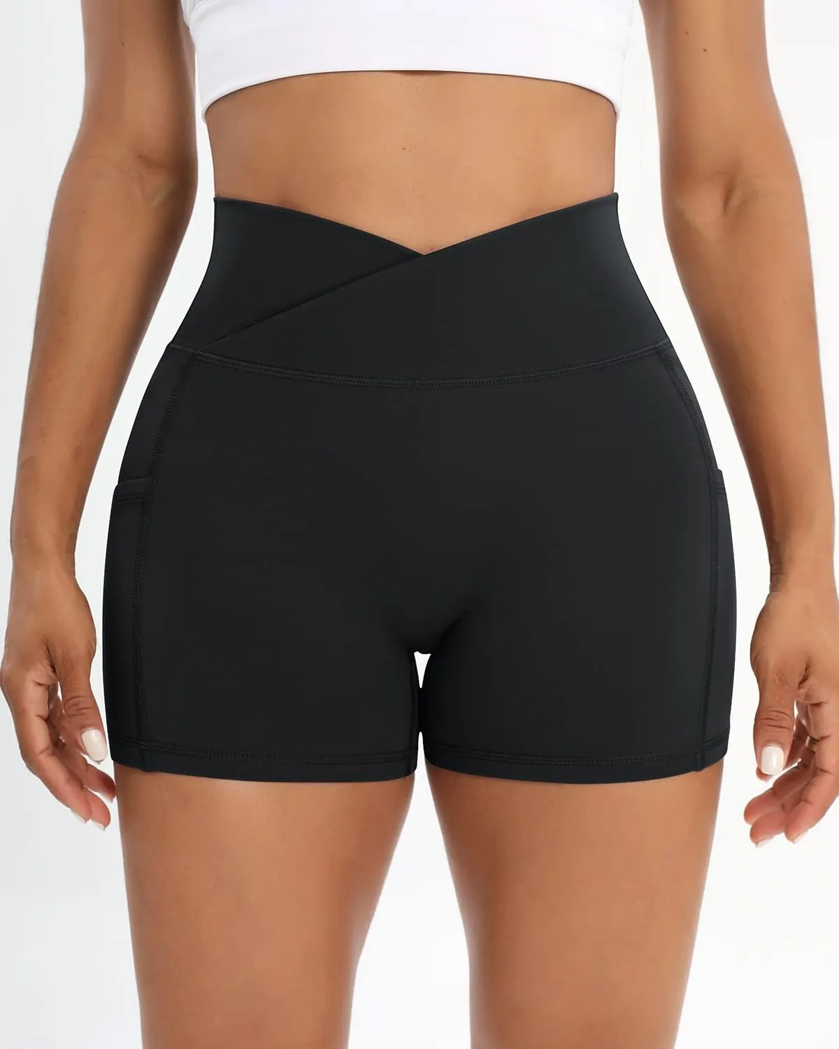 Workout Shorts for Women 2 Pcs Pack Cross Waist Active Gym Spandex Stretchy Yoga Compression with Side Pockets