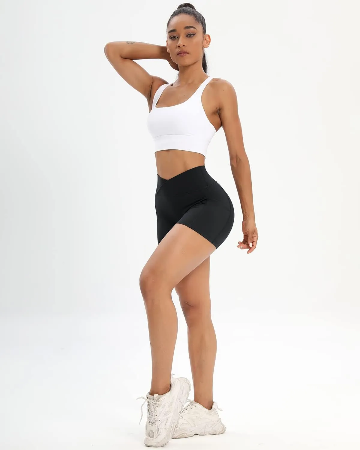 Workout Shorts for Women 2 Pcs Pack Cross Waist Active Gym Spandex Stretchy Yoga Compression with Side Pockets