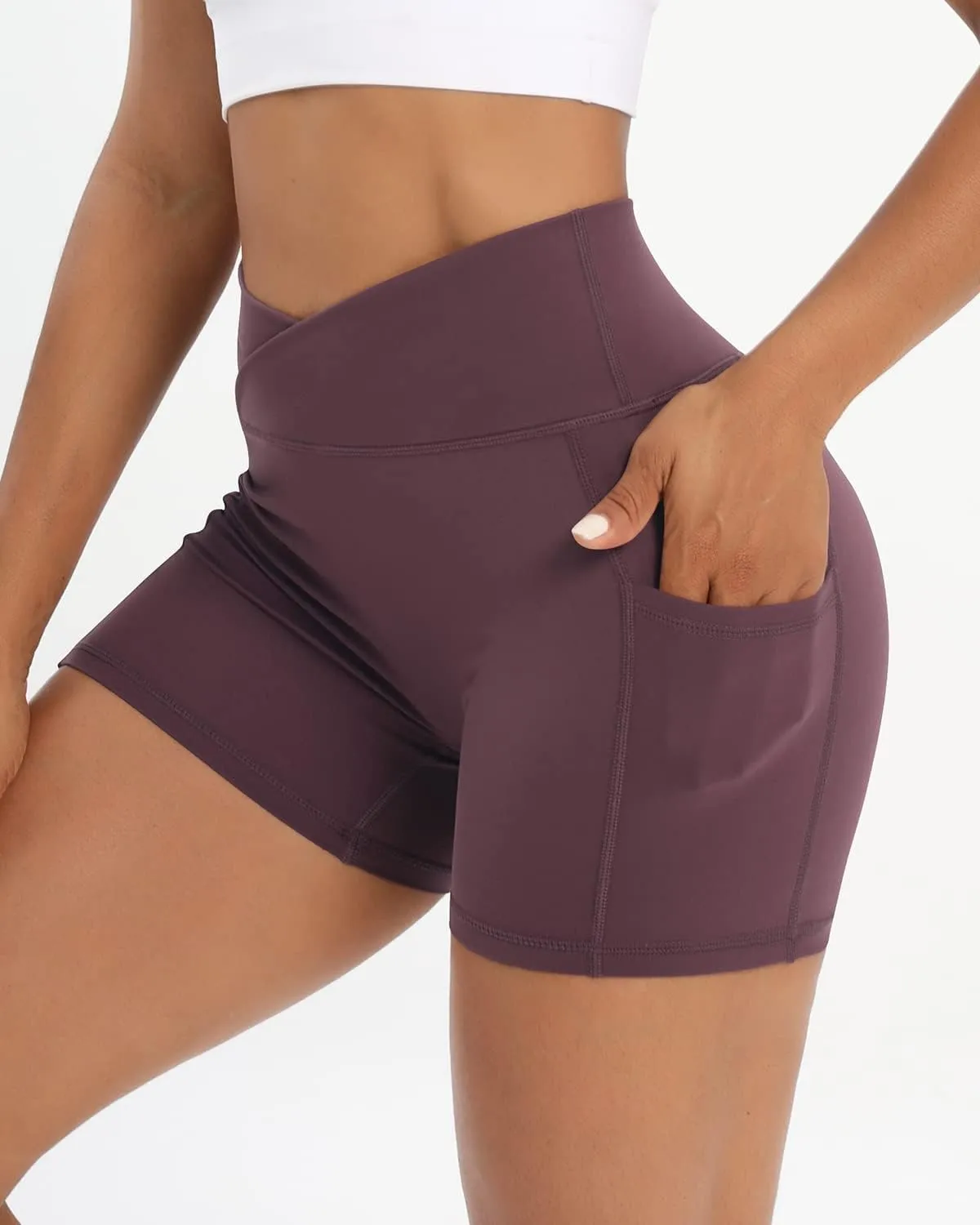 Workout Shorts for Women 2 Pcs Pack Cross Waist Active Gym Spandex Stretchy Yoga Compression with Side Pockets
