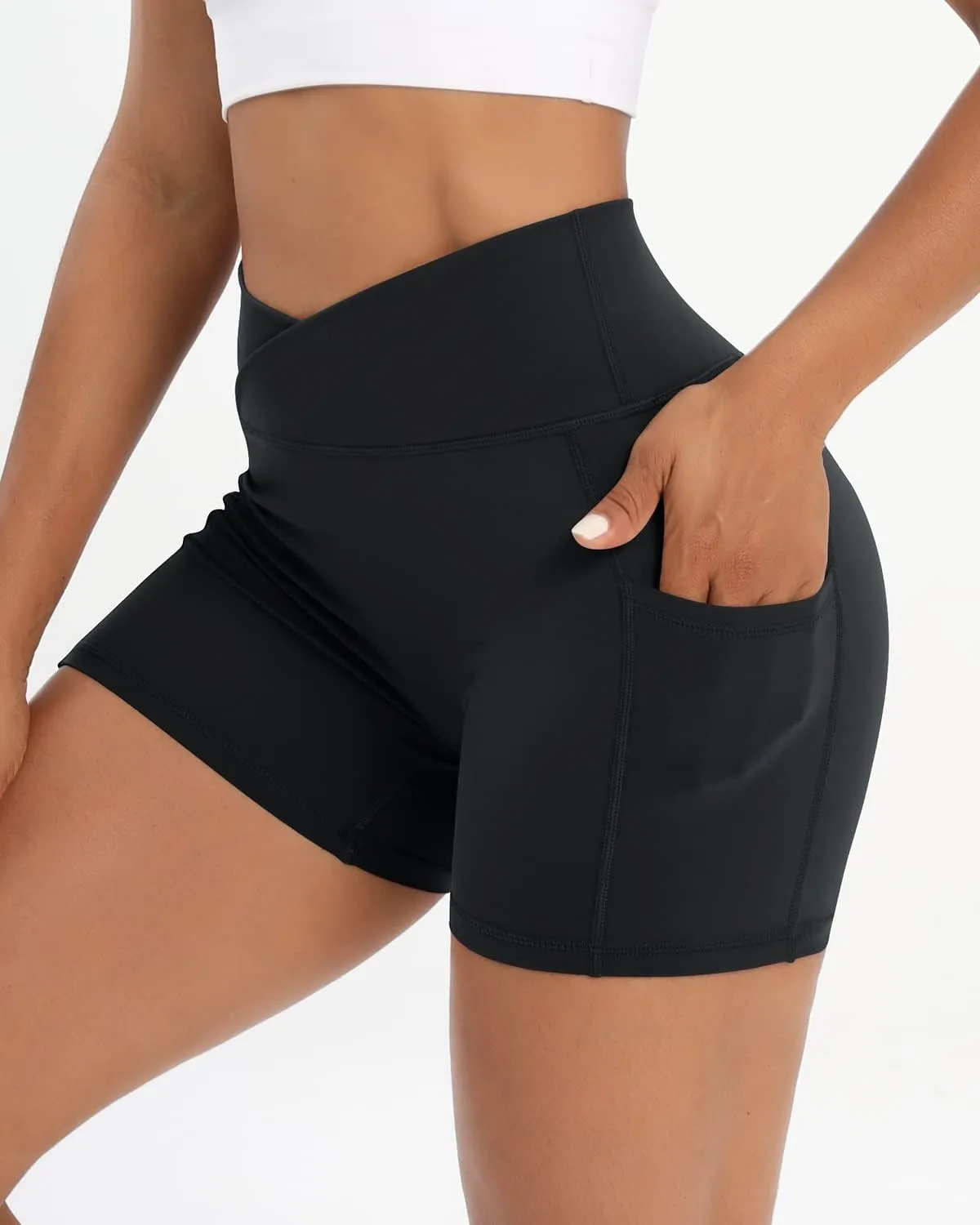 Workout Shorts for Women 2 Pcs Pack Cross Waist Active Gym Spandex Stretchy Yoga Compression with Side Pockets